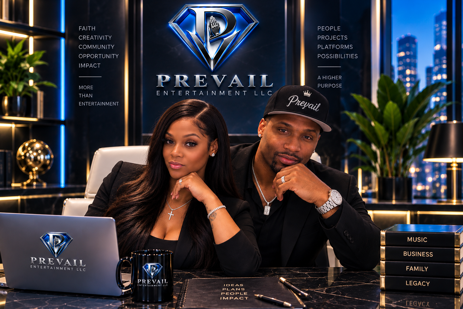 Michael and Bre Lee of Prevail Entertainment LLC in a branded executive studio.